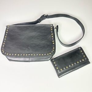 Patricia Nash Vitellia Black Leather Flap Crossbody Bag / Purse &Matching Wallet